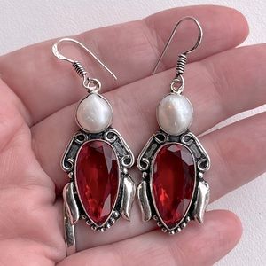 Stunning Pearl & Garnet Sterling Silver 2” Earrings